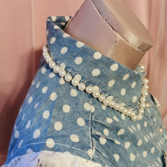 Ank Rouge Size Women's Small Denim Blouse Top Pearl Polka Dot Boho Japan Import - Picture 6 of 16